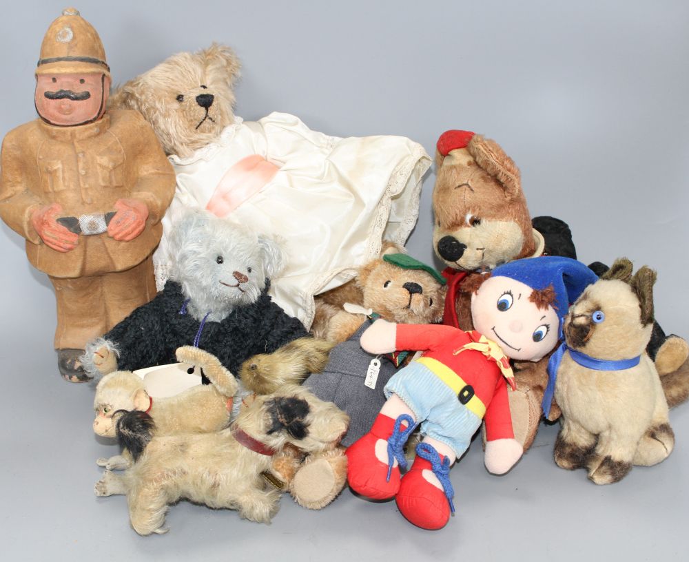 Noddy and Knoll bears, Merrythought Vintage Siamese cat, a Steiff monkey and Carobard character Policeman Nodding and others (10)